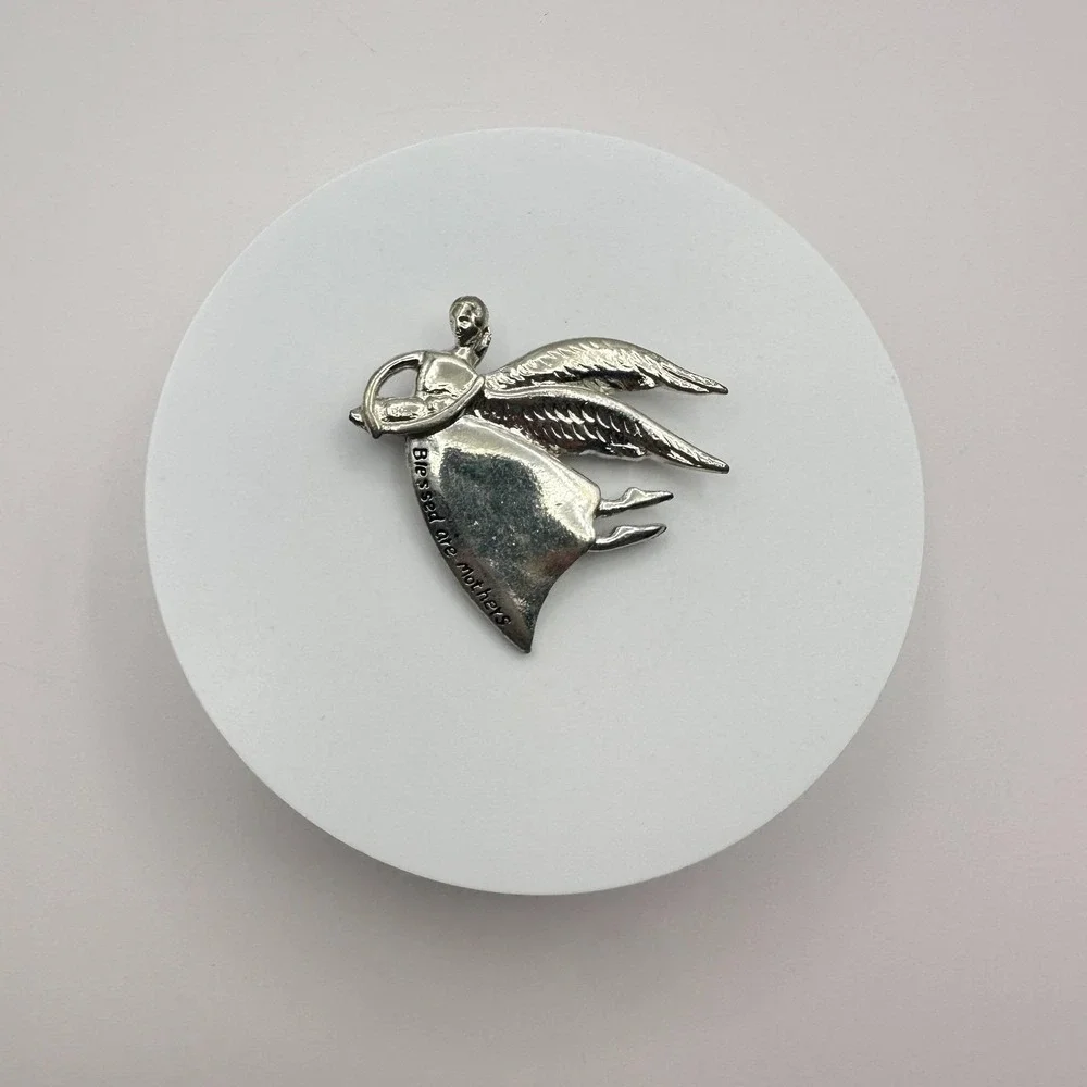 Vintage 90s Silver‎ Tone Blessed Are Mothers Angel Brooch Pin Classic Jewelry